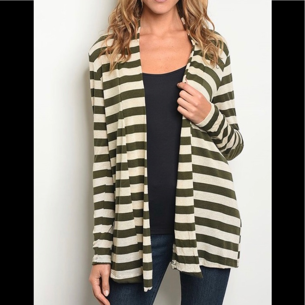 Always Me | Cream & Olive Striped Open Cardigan
